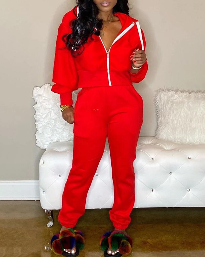 Hodded Zipper Design Top & Pant Sets