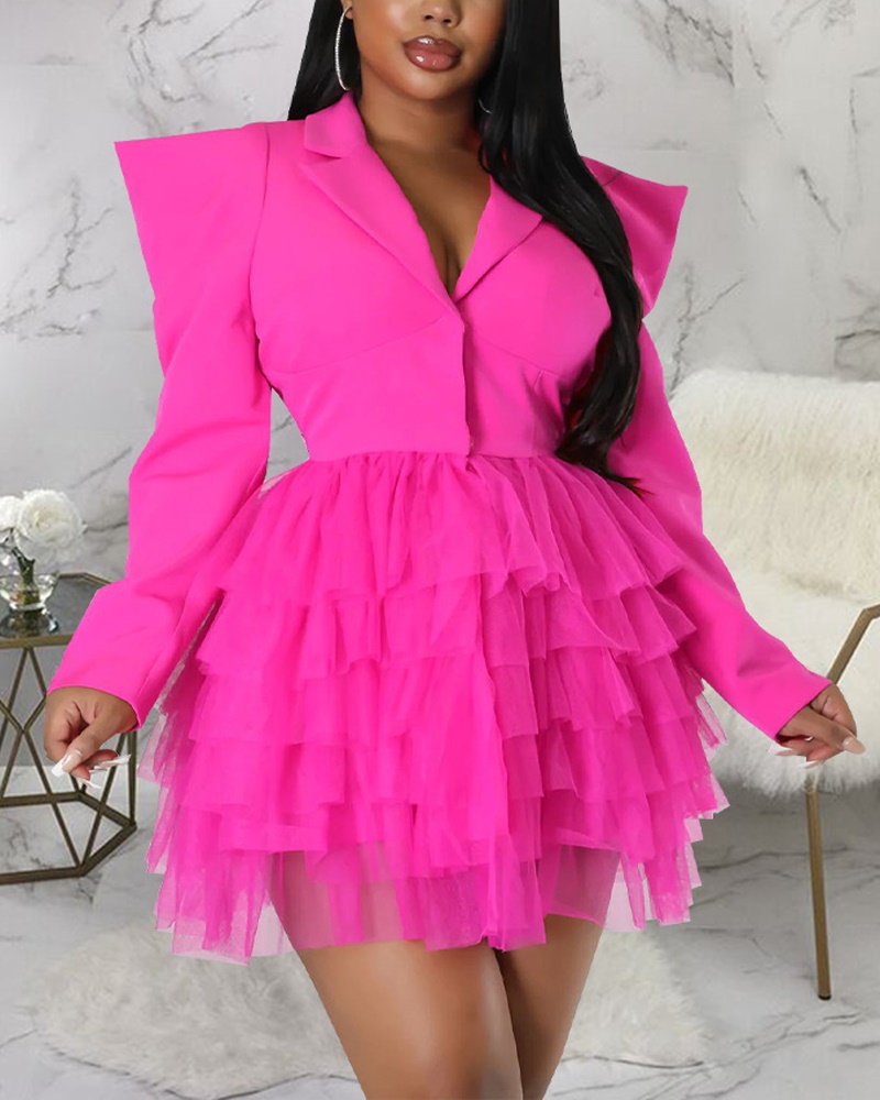 

Layered Sheer Mesh Long Sleeve Blazer Dress, Hot pink