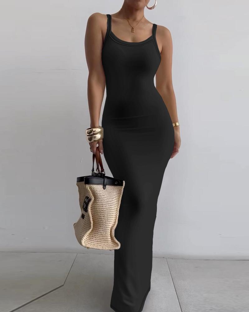 

Spaghetti Strap U-Neck Casual Maxi Dresses Slim Fit Cami Dress Party Club Bodycon Dress, Black
