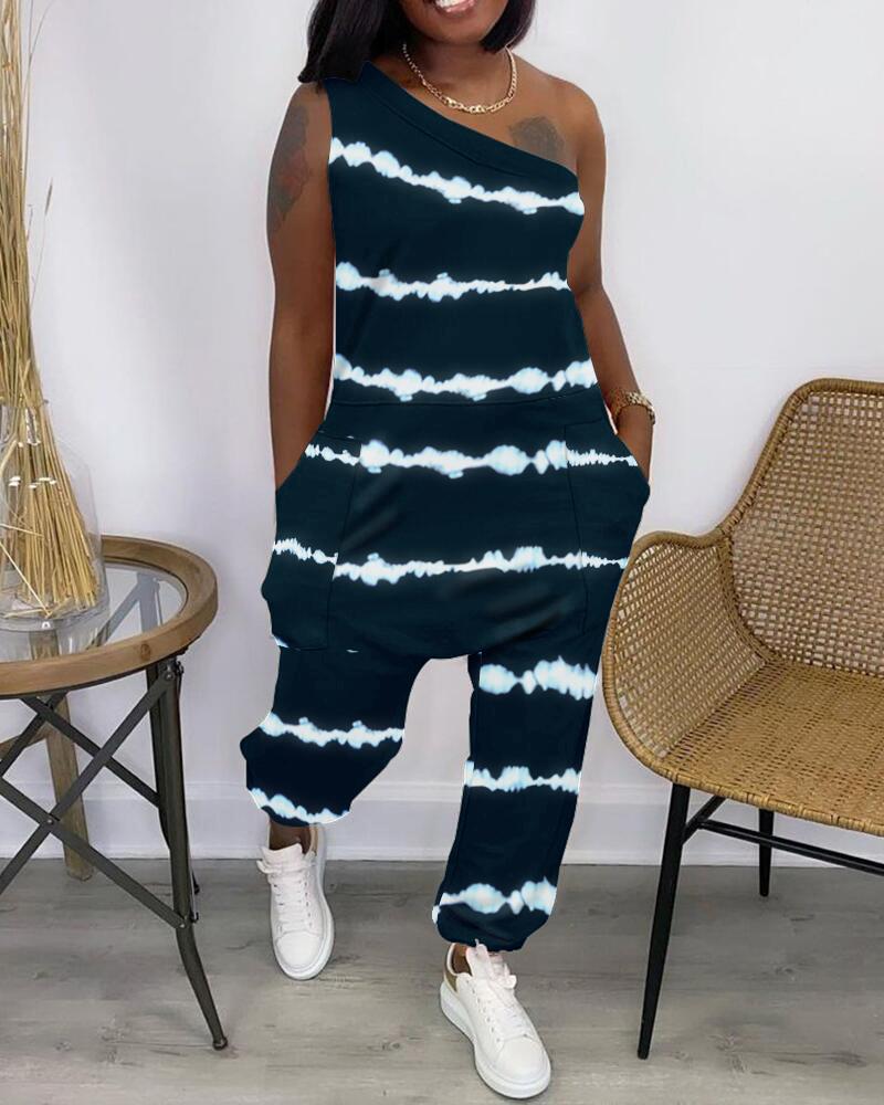 

Tie Dye Print Pocket Design One Shoulder Jumpsuit, Black