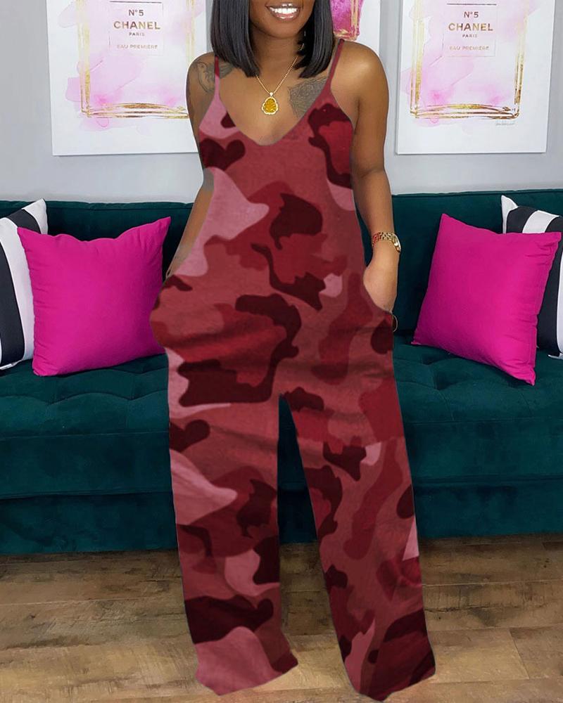 

Plus Size Camouflage Print Spaghetti Strap Jumpsuit, Red