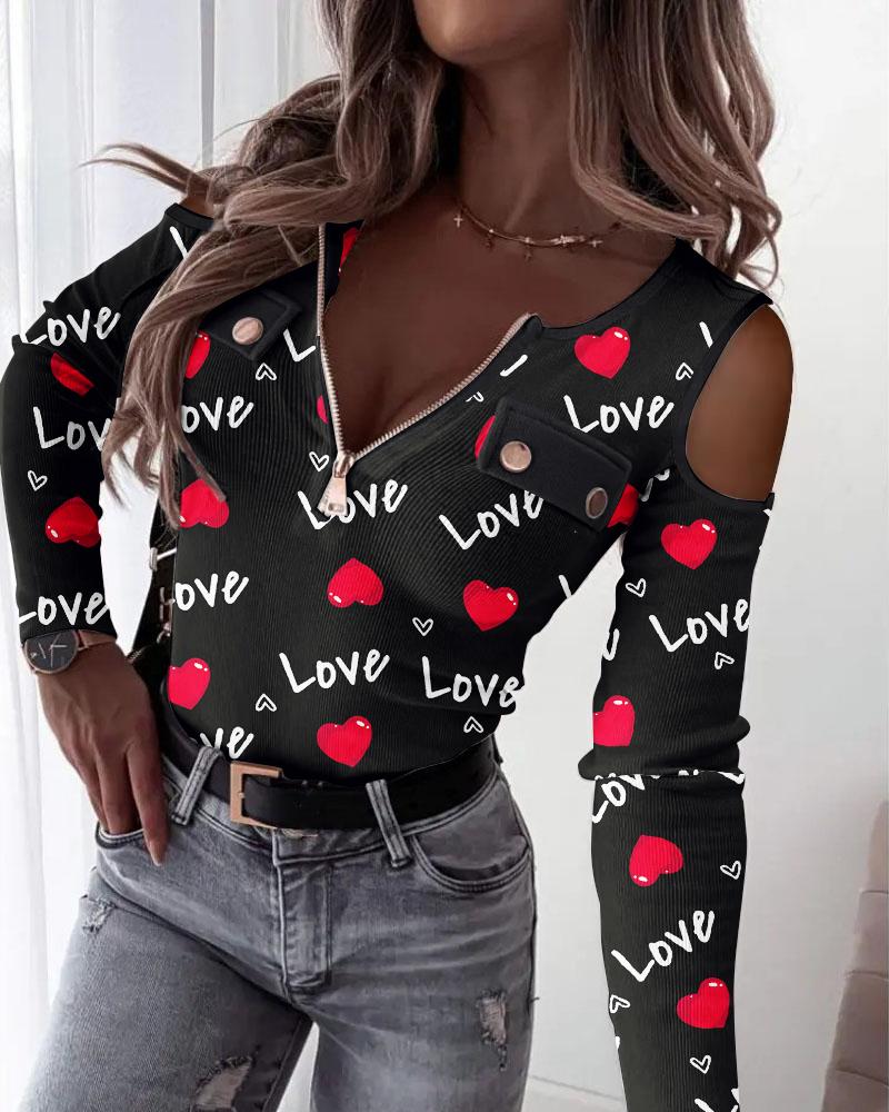 

Valentine' Day Heart Letter Print Cold Shoulder Ribbed Top, Black