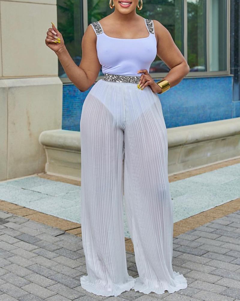 

Tape Patch Sleeveless Bodysuit & Wide Leg Pants Set, White