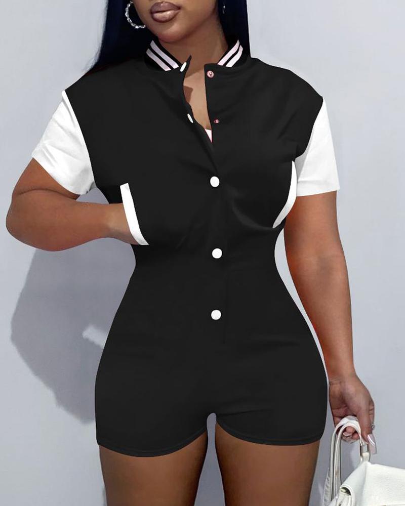 

Baseball Collar Pocket Design Colorblock Romper, Black