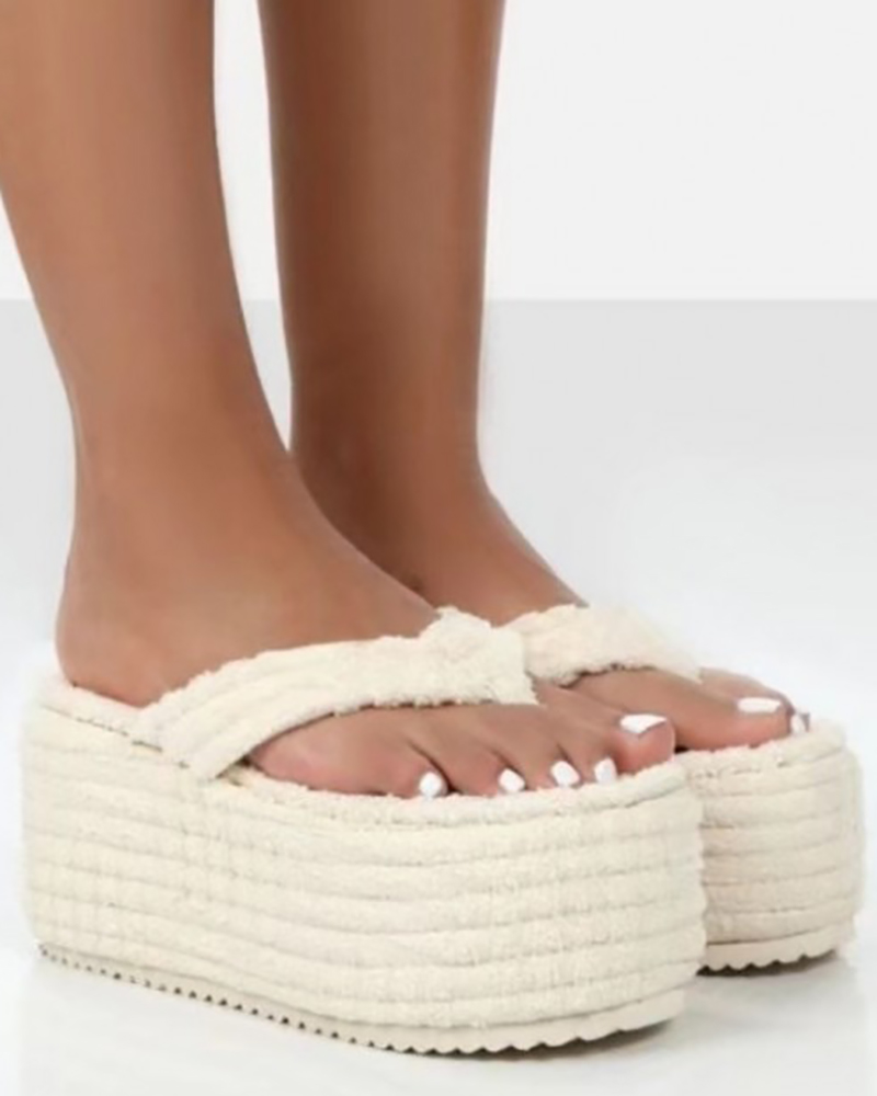 

Fuzzy Platform Toe Post Flip Flops, Beige