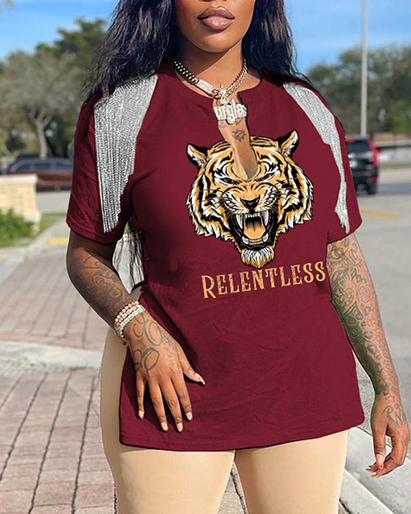 

Tiger Print Tassel Design Slit T-shirt, Wine red