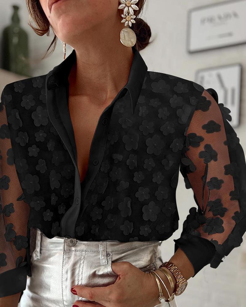 

Floral Pattern Long Sleeve Mesh Patch Top, Black