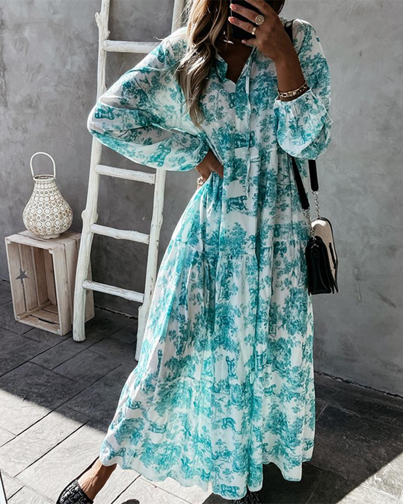

All Over Print Lantern Sleeve Maxi Dress, Green
