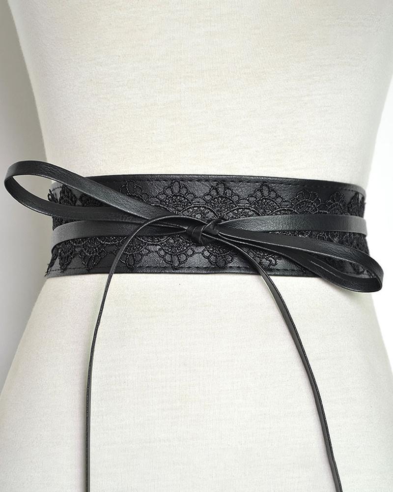 

1PCS Floral Lace Decor Tied Detail PU Leather Corset Belt, Black