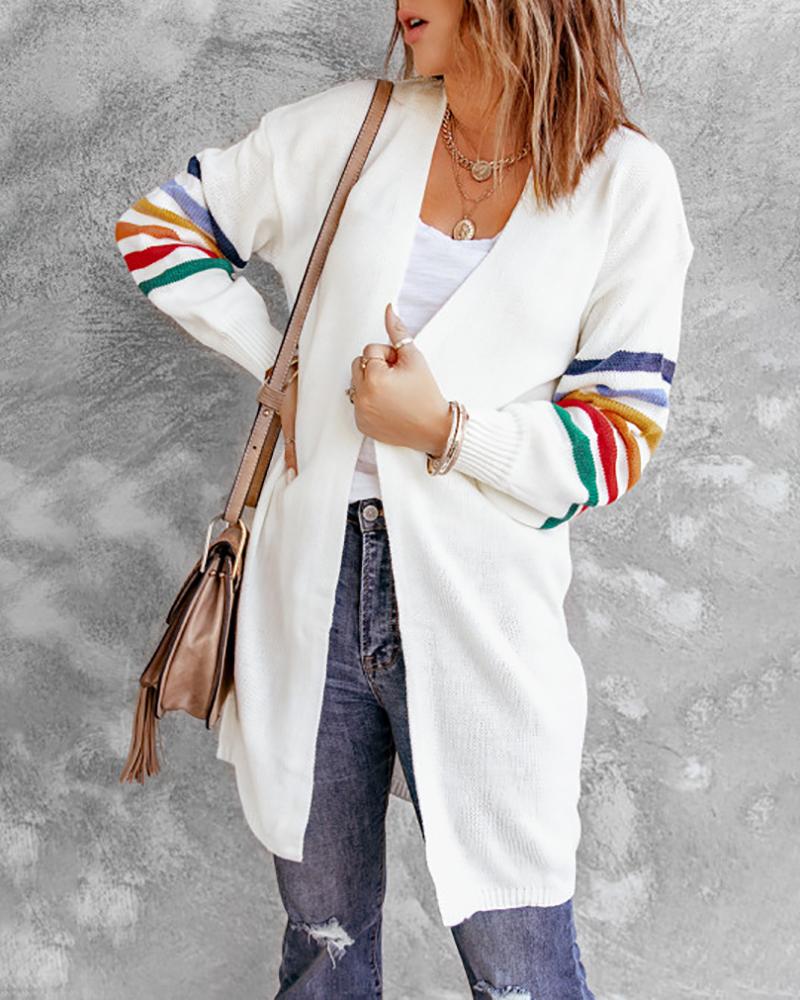 

Striped Print Bishop Sleeve Casual Cardigan, White