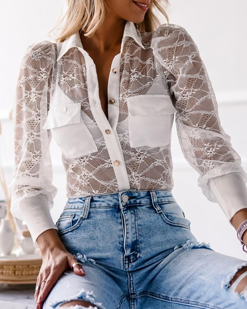 

Crochet Lace Button Front Pocket Design Shirt, White