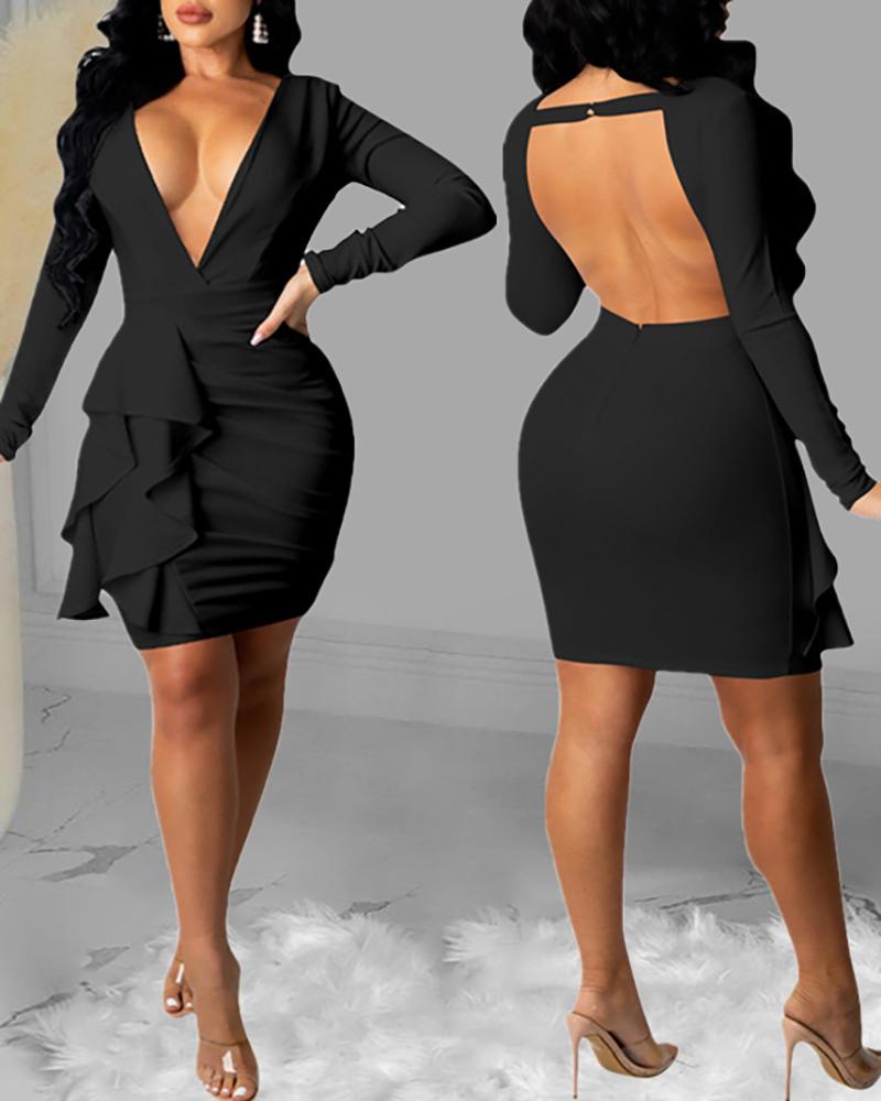 

Long Sleeve Plunge Ruffle Hem Party Dress, Black