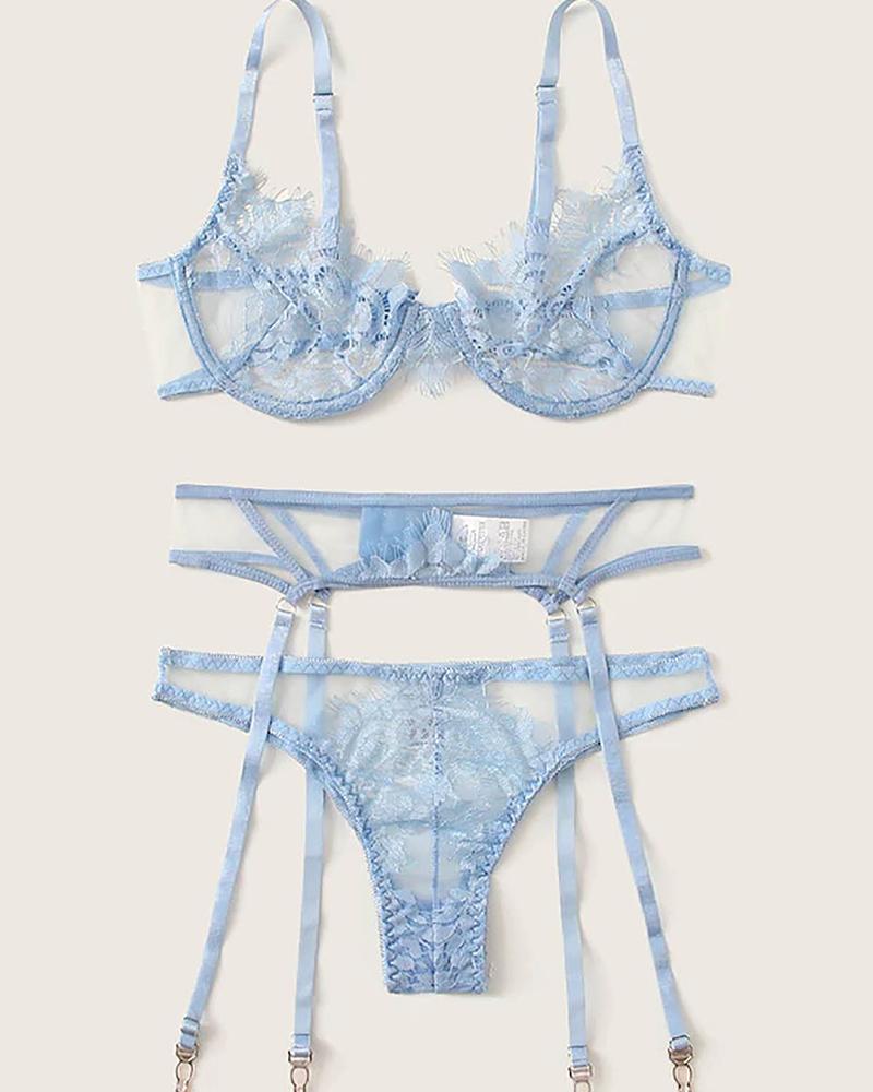 

Sexy See-through Eyelash Lace Sling Lingerie With Garter, Blue