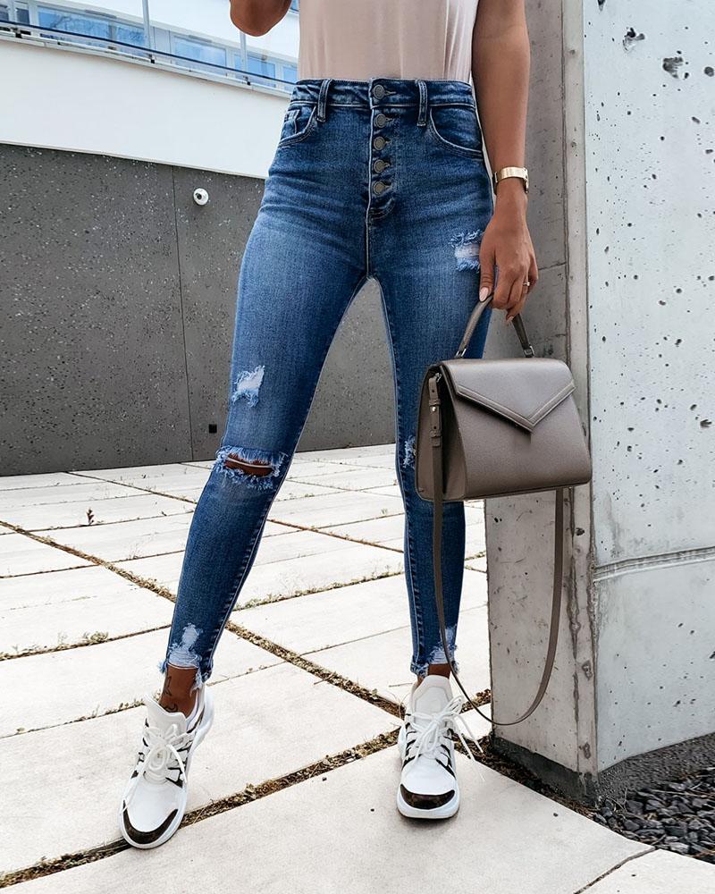 

High Waisted Cut Out Ripped Casual Jeans, Blue