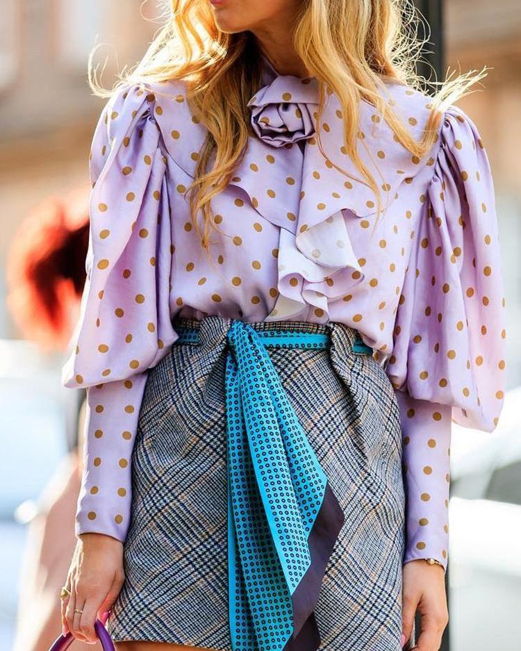 

Polkadot Print Lantern Sleeve Ruffles Top, Light purple