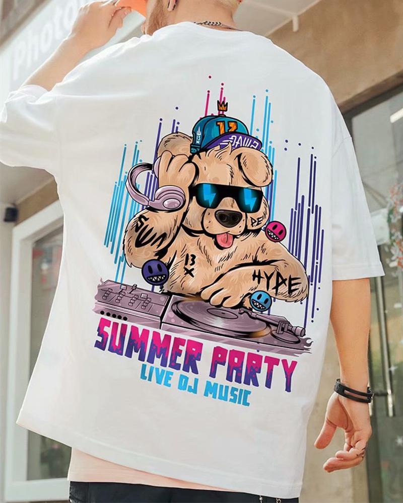 

Puppy Cartoon Print Short Sleeve Loose T-shirts, White