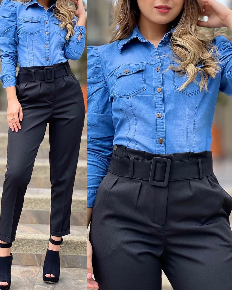 High Waist Pocket Design Cropped Work Pants