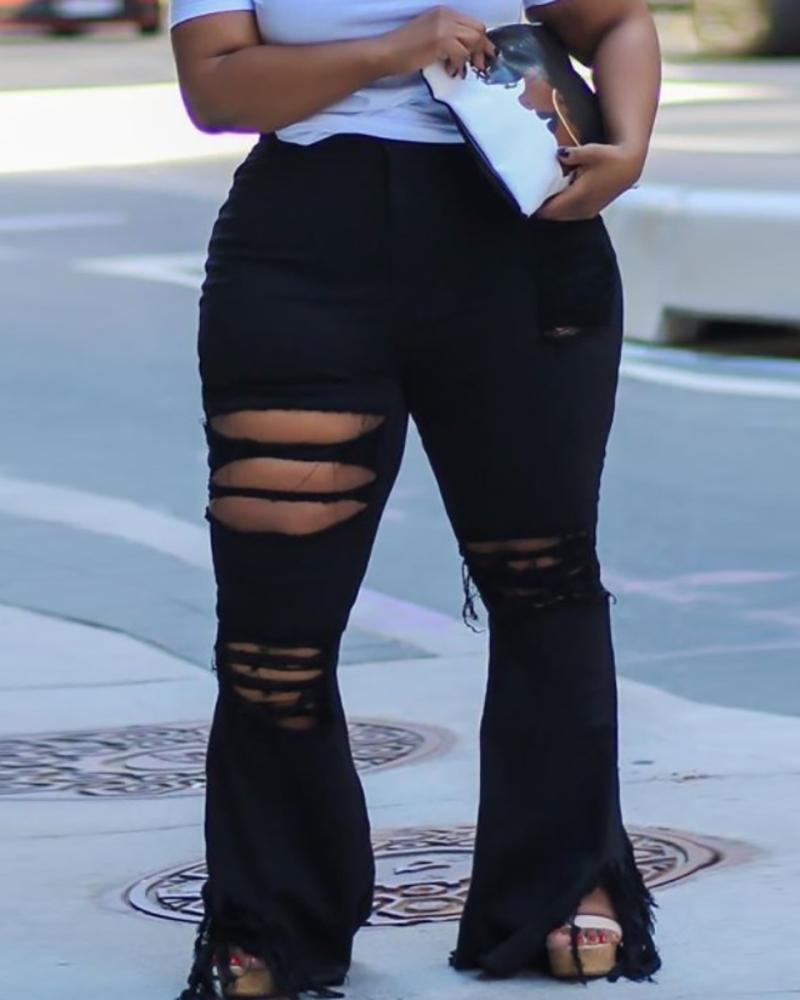 

Cutout Fringe Hem Tassel Bootcut Denim Pants, Black