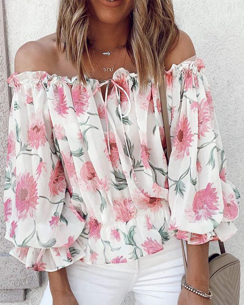 

Off Shoulder Floral Print Lantern Sleeve Top, White