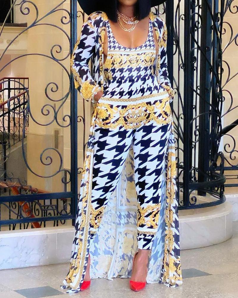 

Houndstooth Print Tank Top & Pants Set With Longline Coat, Multicolor