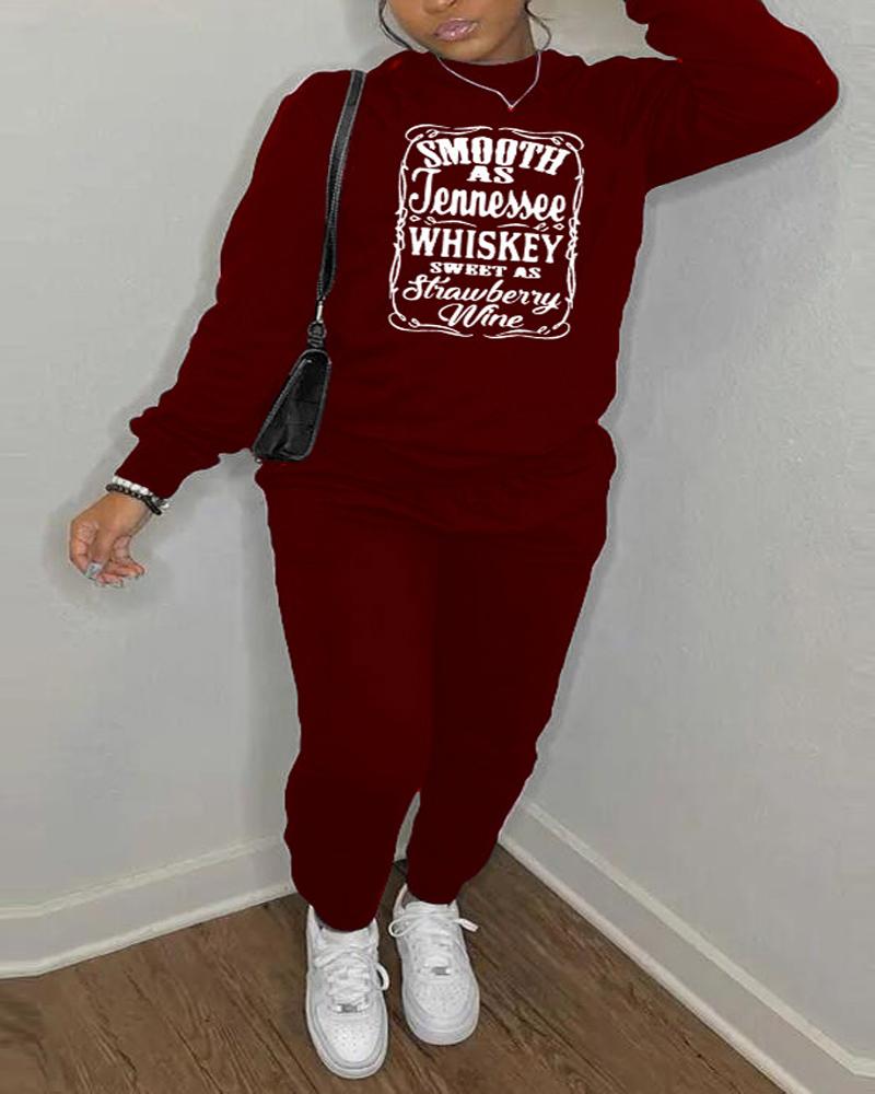 

Plus Size Letter Print Long Sleeve Casual Top & Pants Set, Wine red