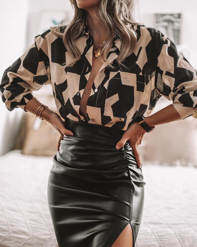 

Houndstooth Print Buttoned Shirt & Slit Skirt Set, Black