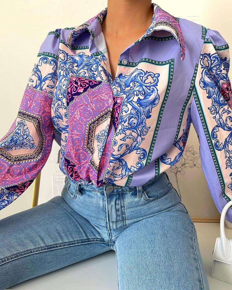 

Scarf Print Long Sleeve Buttoned Shirt, Blue