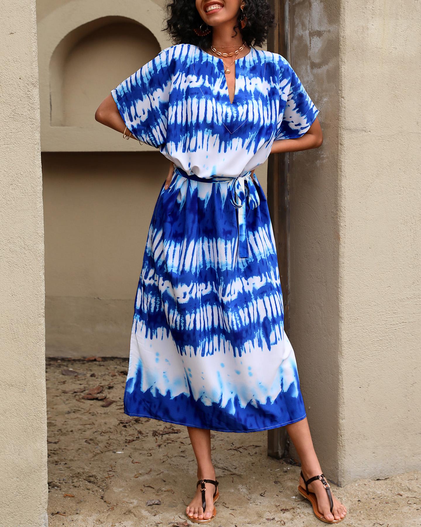 

Tie Dye Print Tied Detail Cover Up Dress, Blue