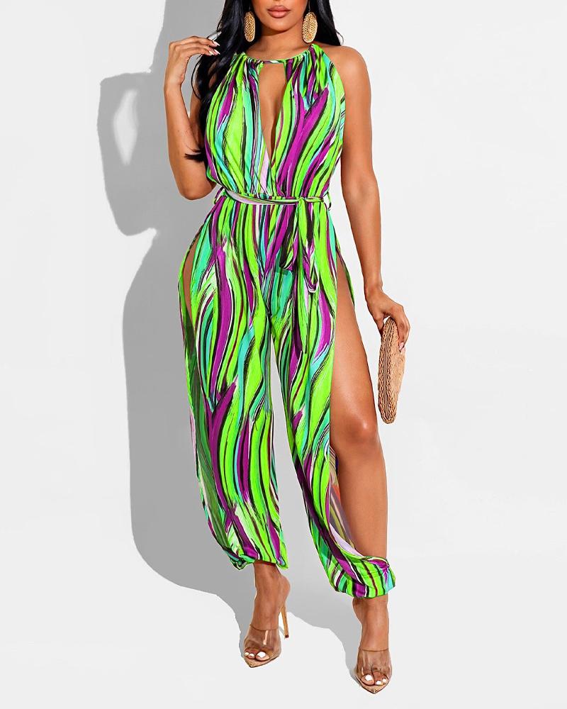 

Tie Dye Print High Slit Belted Jumpsuit, Green