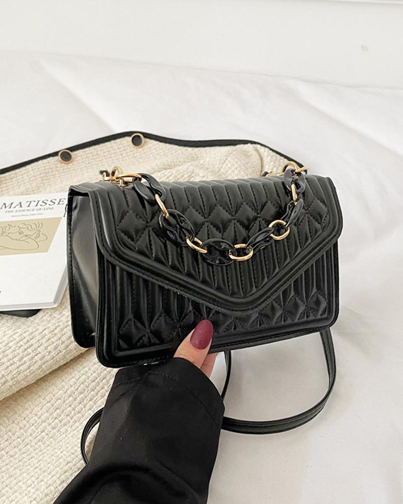 

Quilted Chain Strap Flap Square Bag, Black