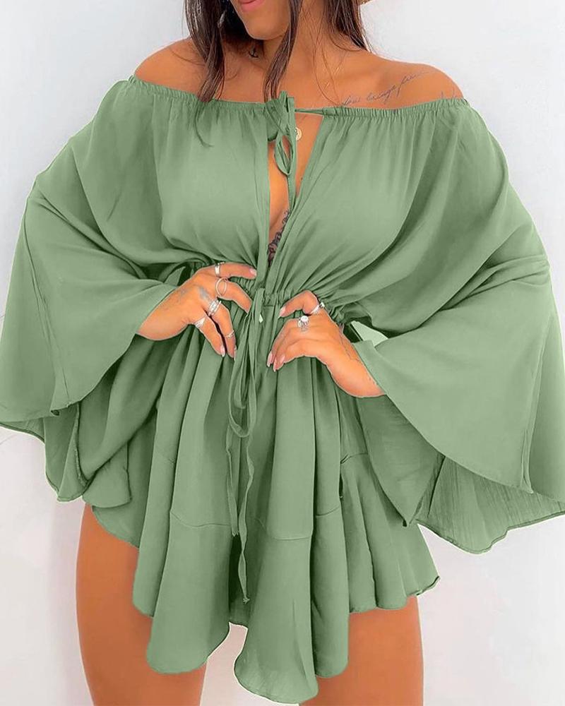 

Bell Sleeve Drawstring Ruffle Hem Mini Dress, Green