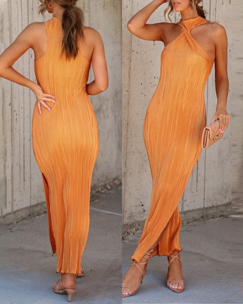 

Twisted Halter Split Hem Party Dress, Orange