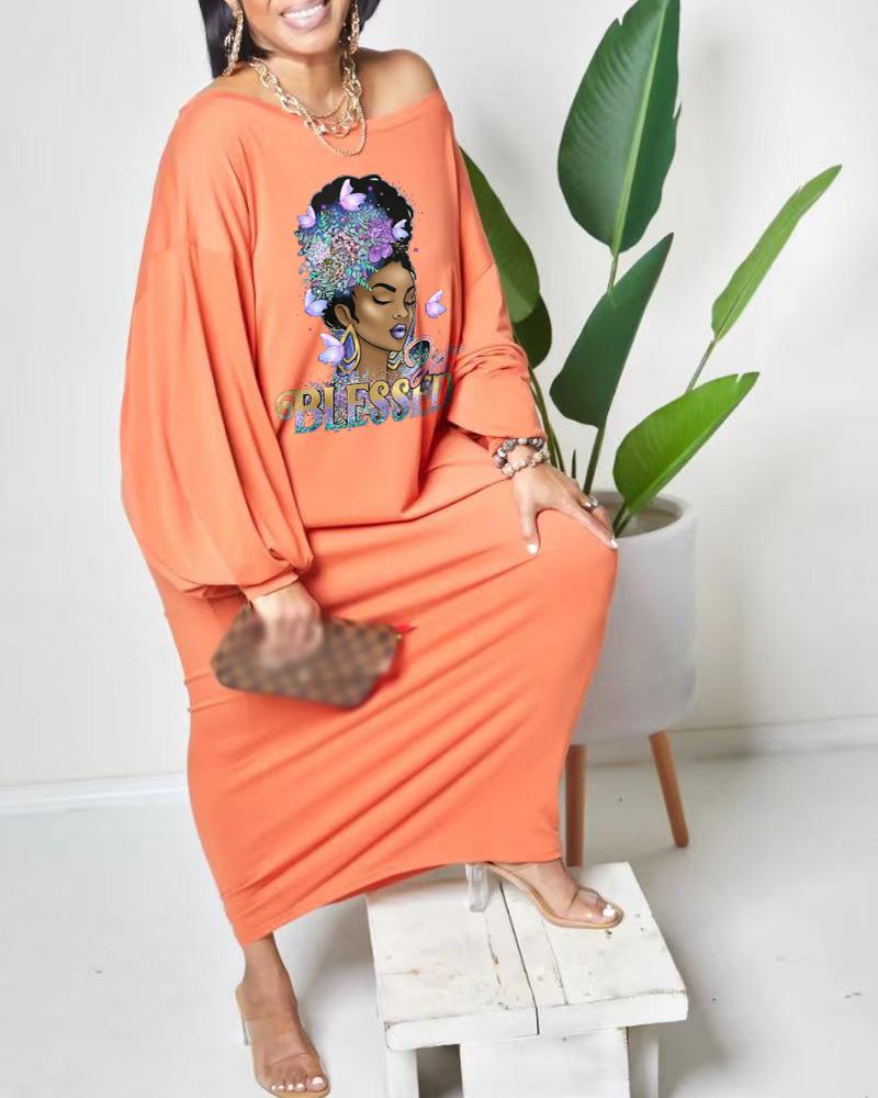 

Plus Size Figure Print Batwing Sleeve Casual Dress, Orange