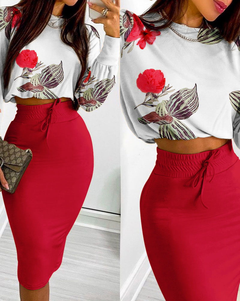 

Floral Print Long Sleeve Crop Top & Drawstring Skirt Set, Red