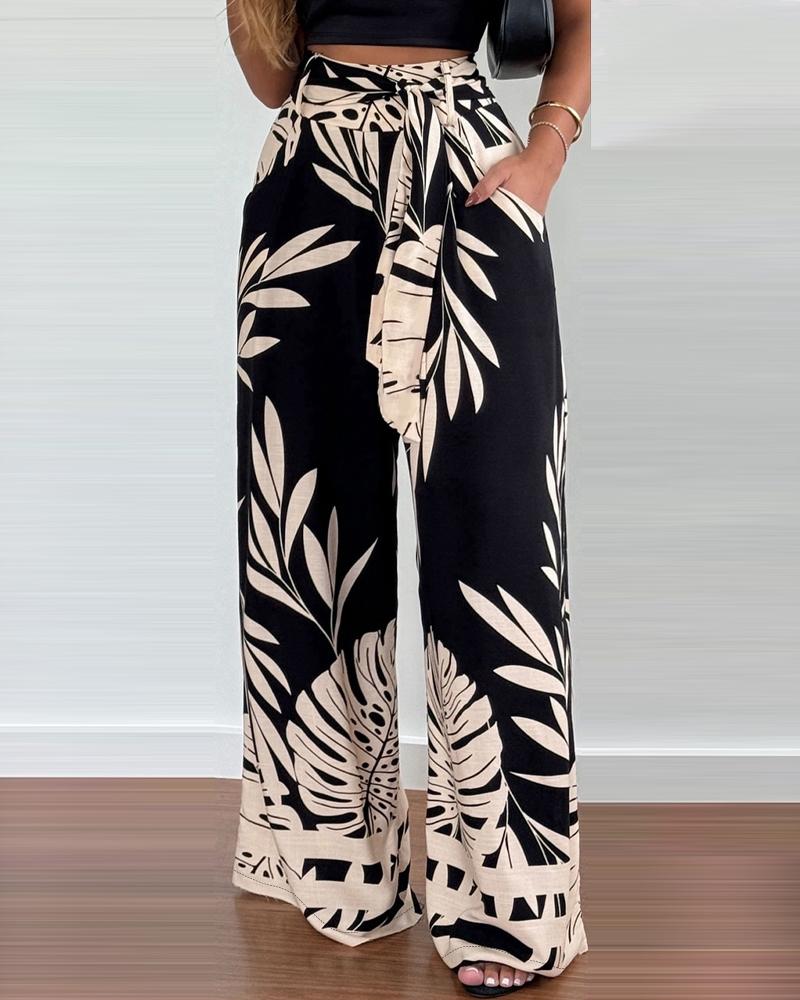 

Tropical Print Tied Detail Pocket Design Pants, Black