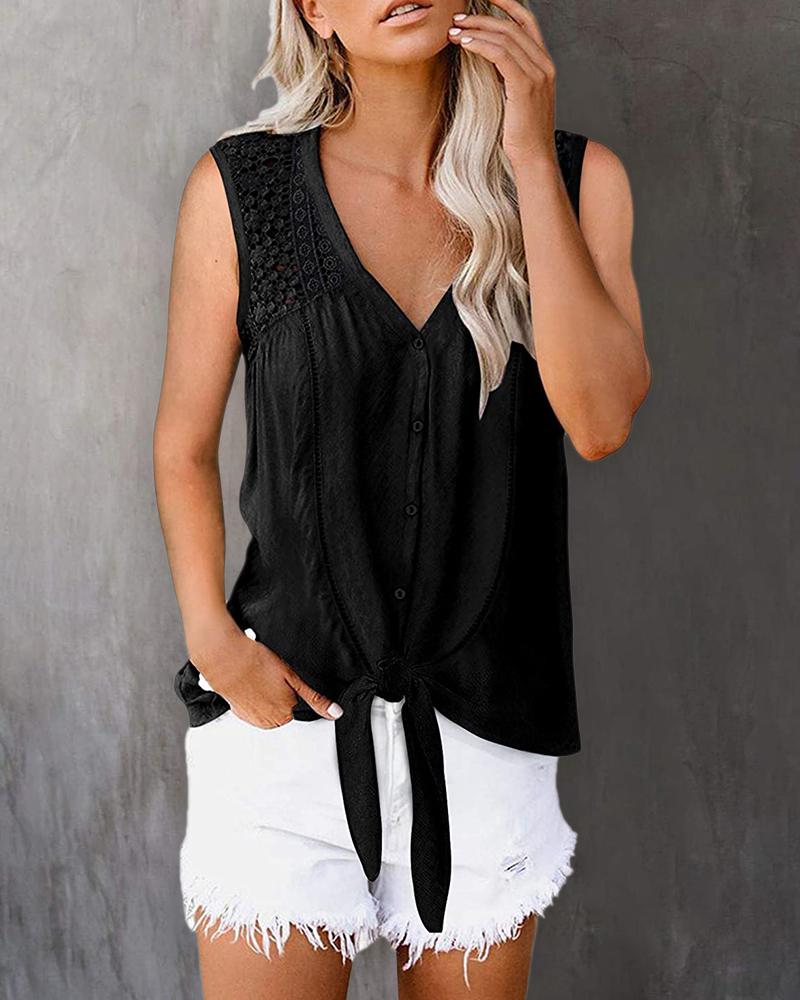

Plain V Neck Lace Up Hollow Out Sleeveless Top, Black
