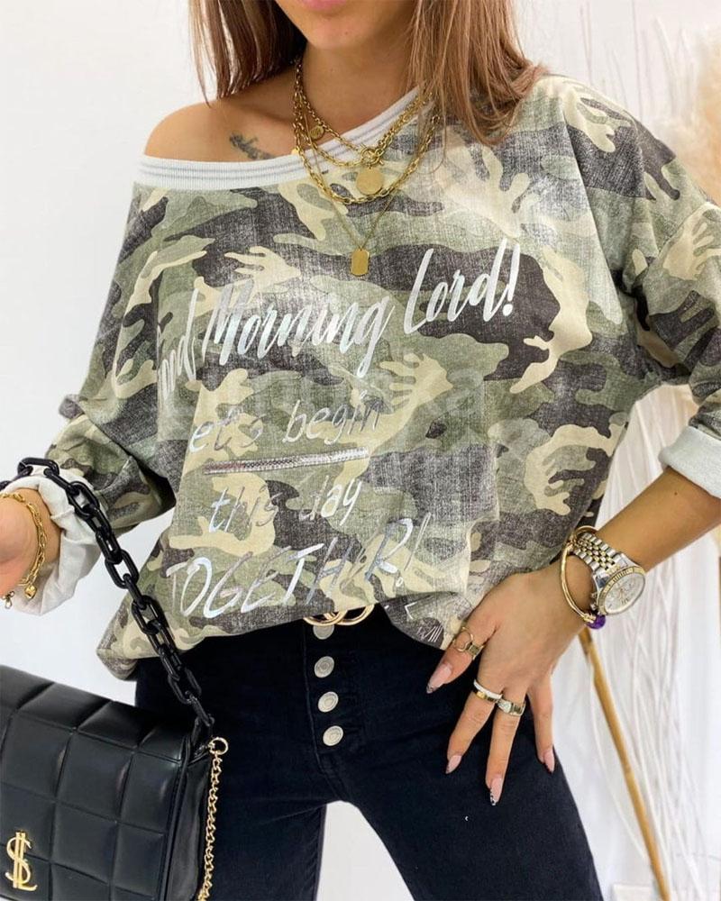 

Camo Letter Print Drop Shoulder Top, Green