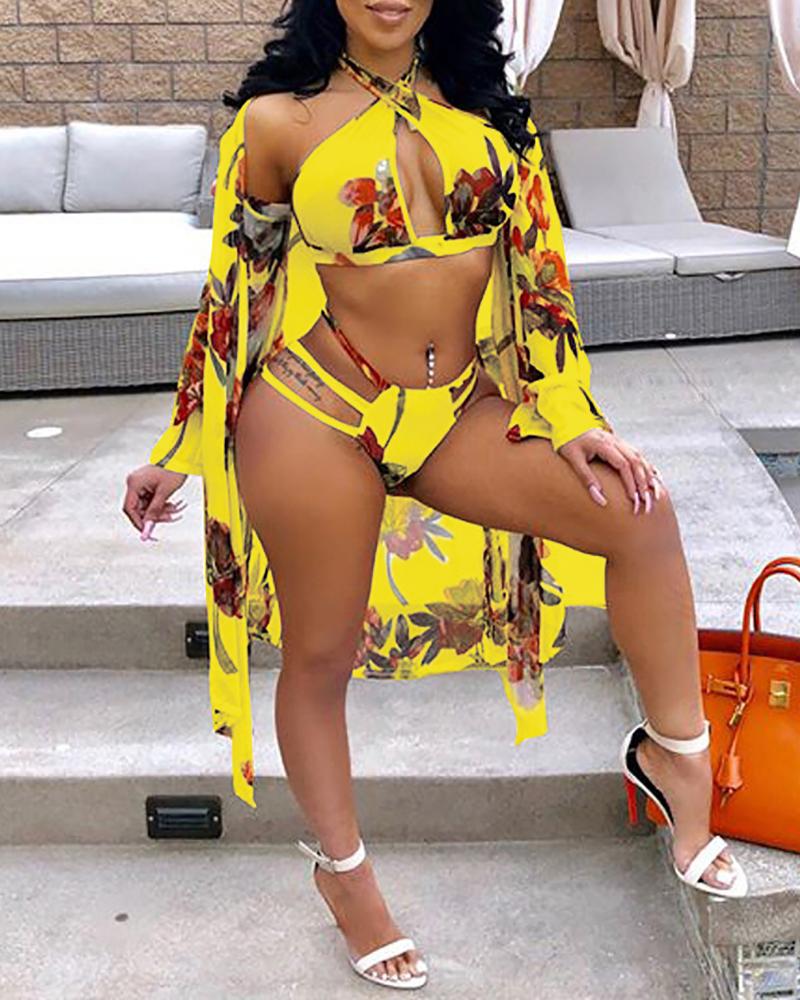 

3PCS Print Halter Bikini Swimsuit Cover Ups, Yellow