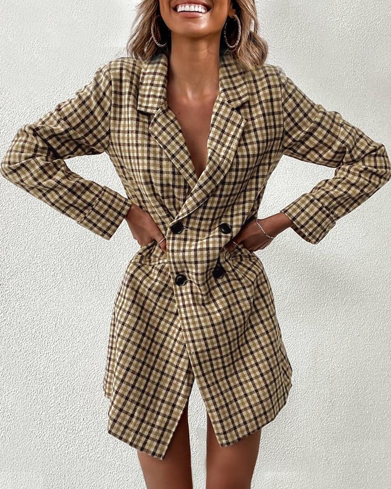 

Plaid Lapel Collar Double Breasted Blazer, Brown