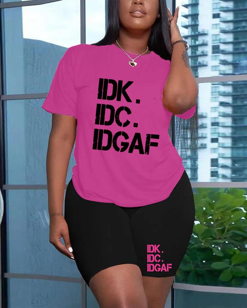 

Letter Print Casual T-shirt & Shorts Set, Hot pink