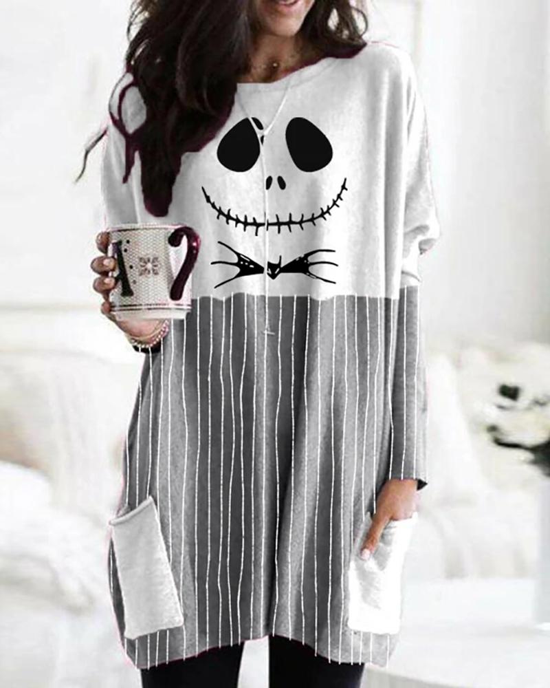 

Halloween Scared Face Print Pockets Design Top, Gray