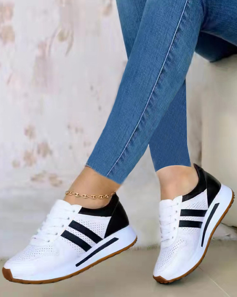 

Colorblock Lace-up Casual Sneakers, Black&white