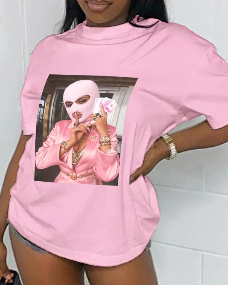 

Figure Print Casual T-shirt Graphic Tee, Pink