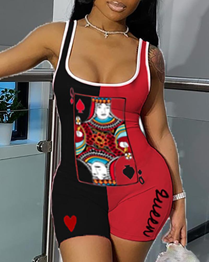 

Thin Strap Colorblock Poker Print Fitted Romper, Black