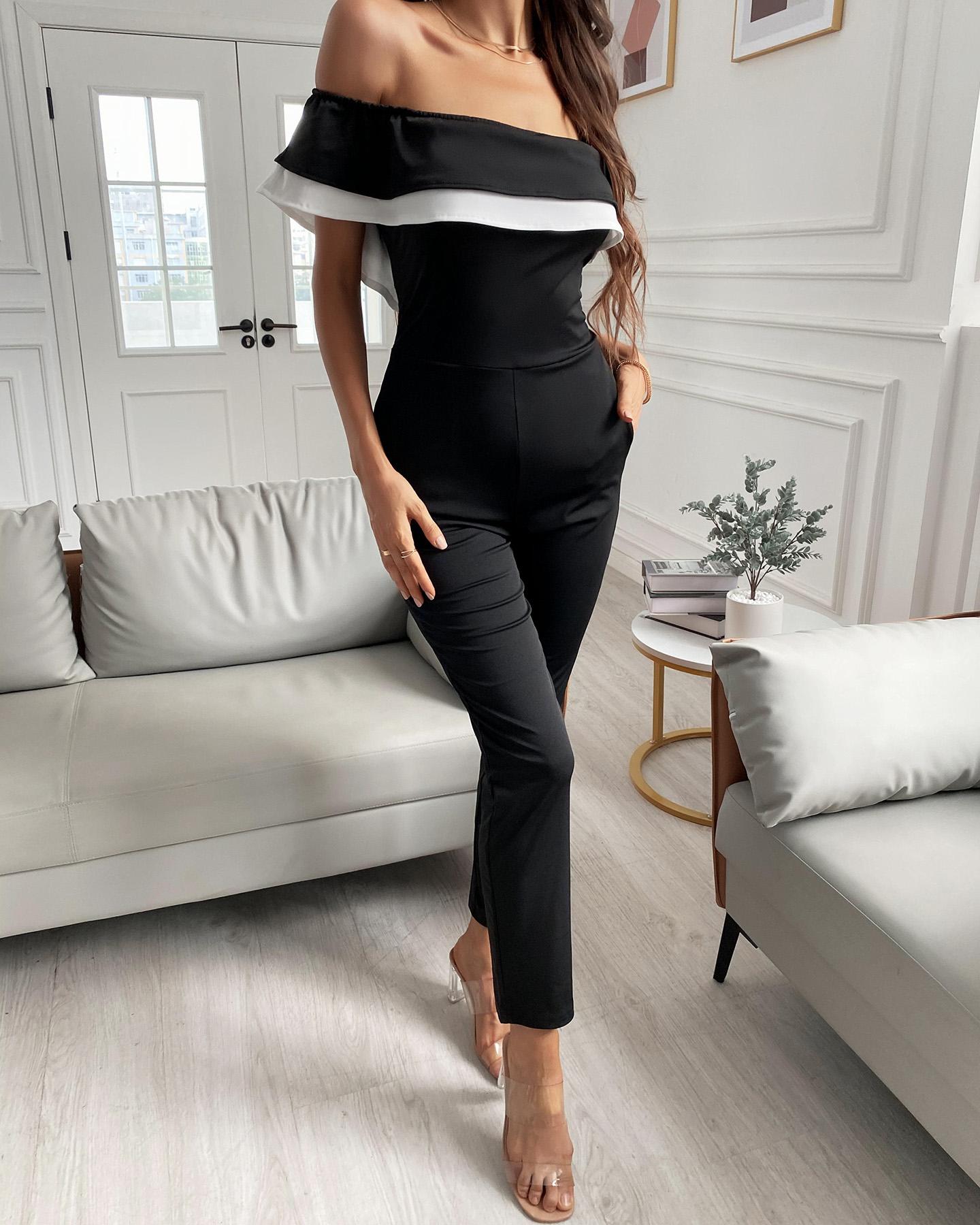 

Contrast Paneled Off Shoulder Ruffles Jumpsuit, Black