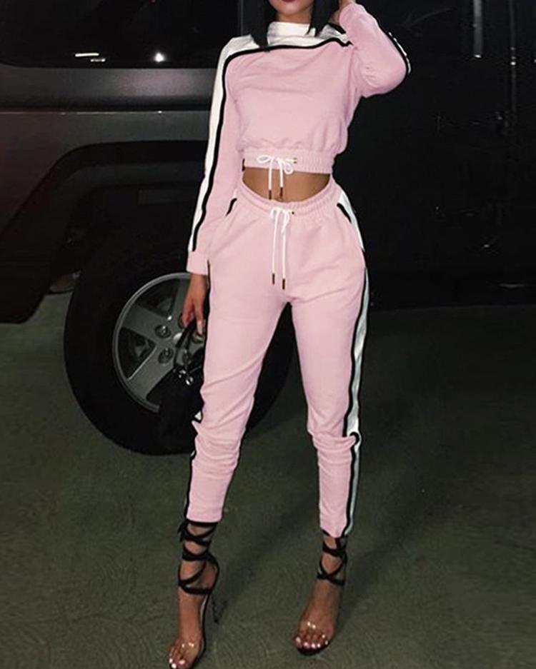 

Splicing Drawstring Cropped Suit Sets, Pink