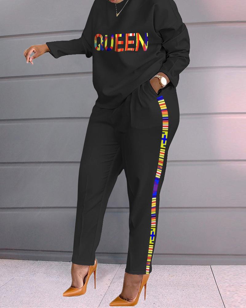 

Letter Print Long Sleeve Top & Pants Set, Black