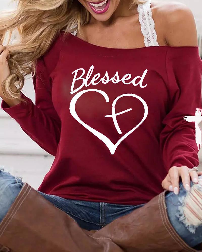 

Letter Heart Print Contrast Lace Strap Long Sleeve Top, Red