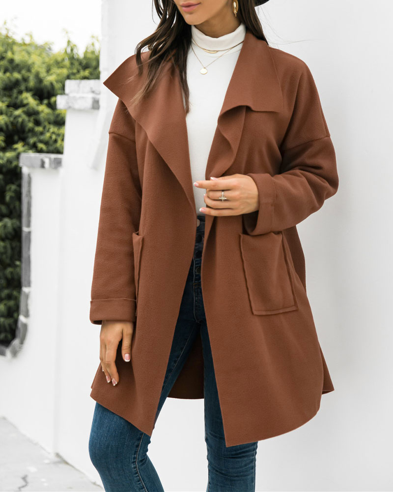 

Long Sleeve Patch Pocket Waterfall Open Front Trench Coat, Coffee