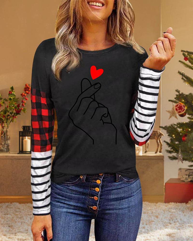 

Valentine' Day Striped Plaid Heart Print Long Sleeve Top, Style1